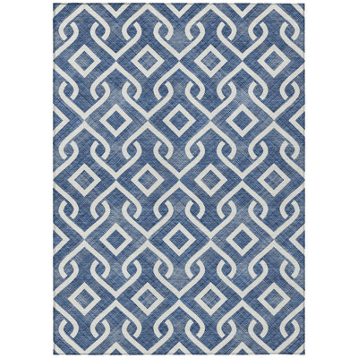 3' X 5' Navy Blue And Ivory Geometric Washable Indoor Outdoor Area Rug