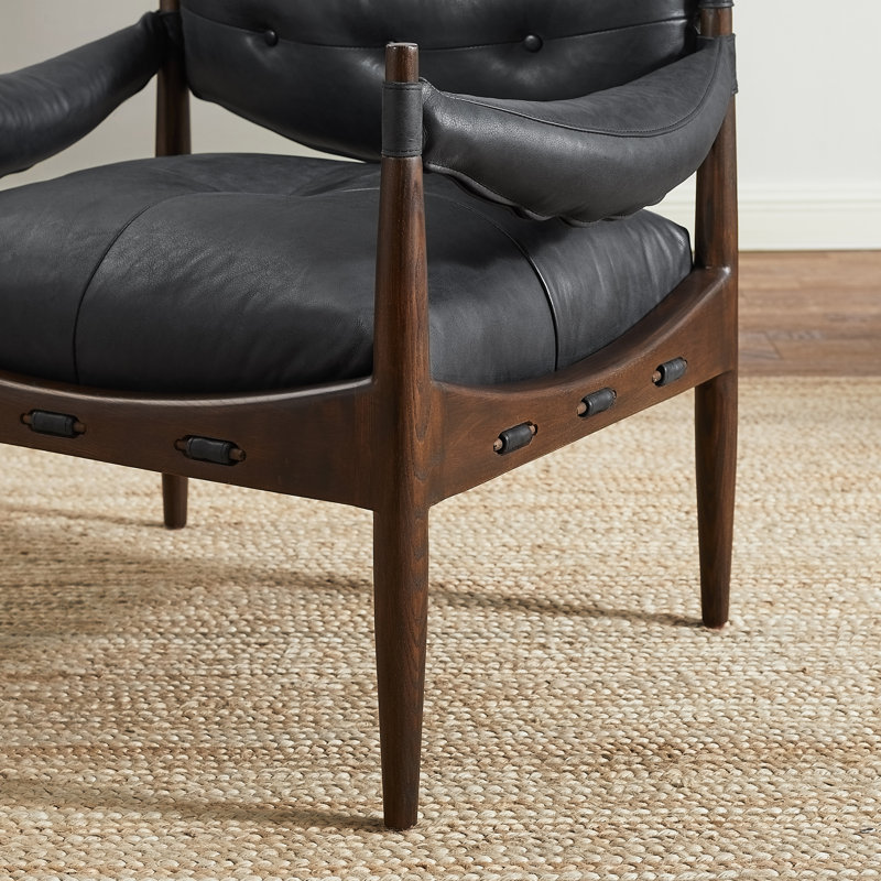 Ramira Top grain Genuine Leather Armchair with tufted button, Black