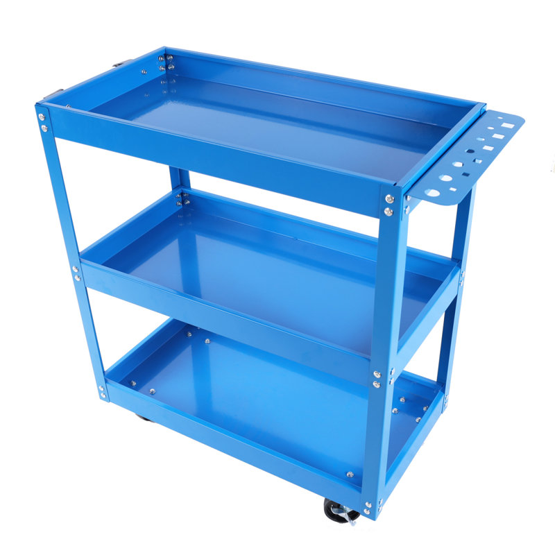 Chariot à outils sur roulettes, chariot à outils à 3 niveaux, chariot utilitaire en acier robuste avec roues verrouillables, chariot de service industriel d'une capacité de 450 lb pour garage, entrepôt, atelier (bleu)