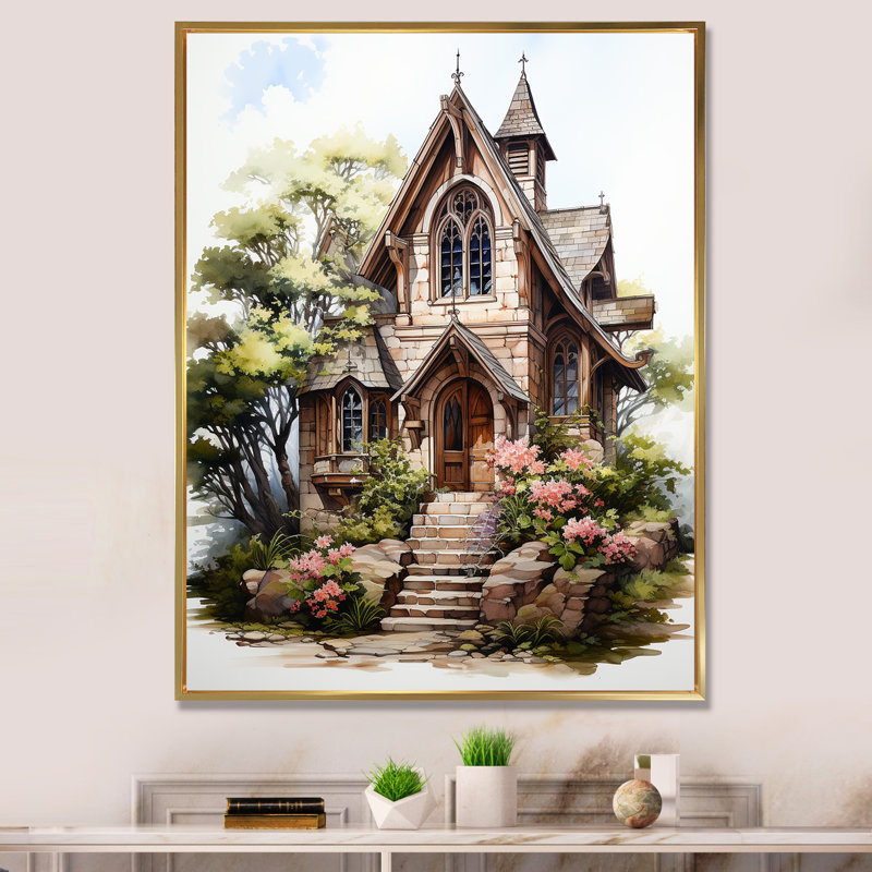 Chapelle de mariage, aquarelle rustique sur toile, Cadre flottant doré, 32" H x 16" W