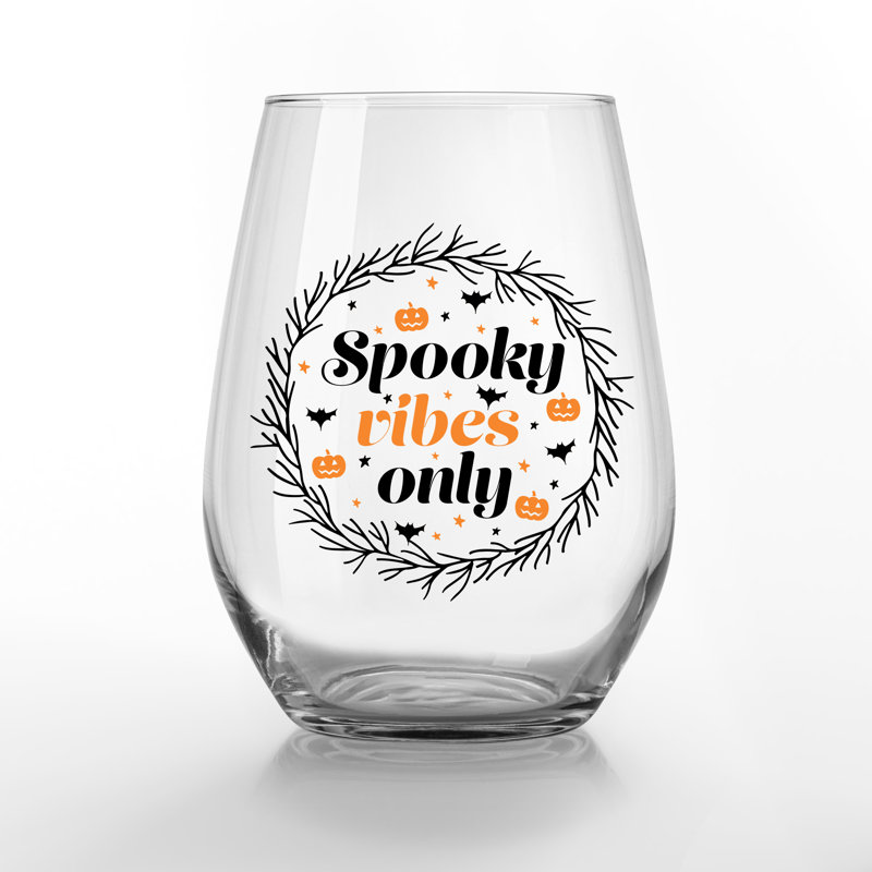 Spooky Vibes Only 15 oz. Verre à vin sans pied imprimé, Orange