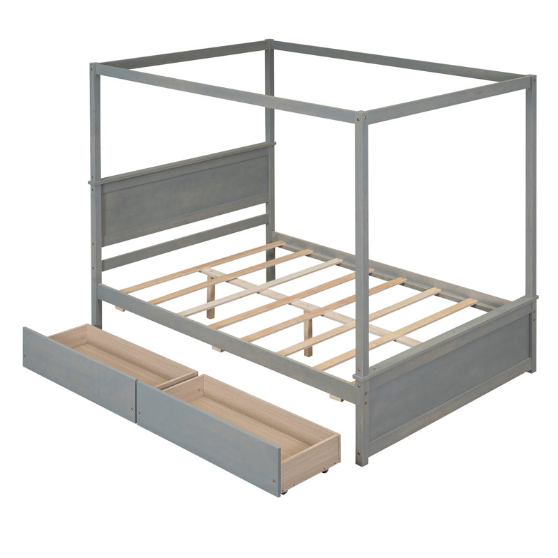 Lit à baldaquin avec rangement Dilyla, gris, Un lit et une armoire de rangement latérale avec 