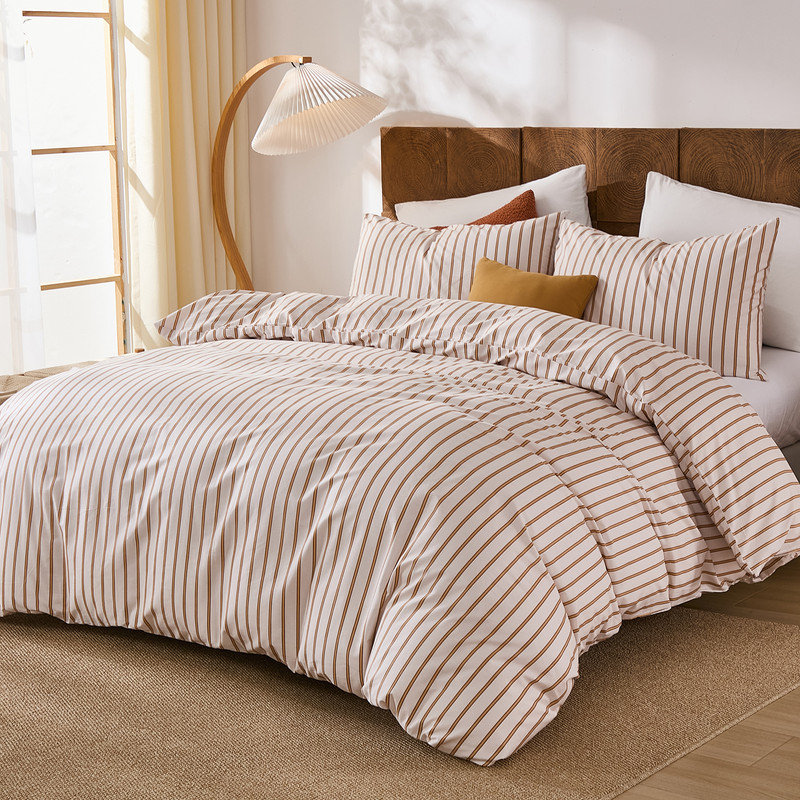 Ensemble d'édredon rayé pour grand lit 3 pièces 100% coton avec motif à rayures verticales beige et terre cuite, ensemble de literie réversible léger et doux pour toutes les saisons