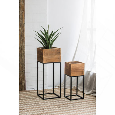 Ensemble de 2 boîtes en bois récupéré avec support en fer noir, L: 11 x 11 x 29,5 po: 8,5 x 8,5 x 21,5