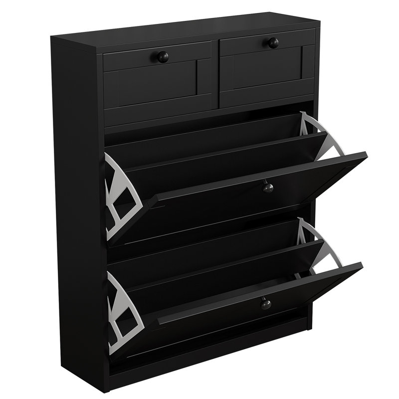 16 Pair Shoe Storage Cabinet With 2 Drawers, Black