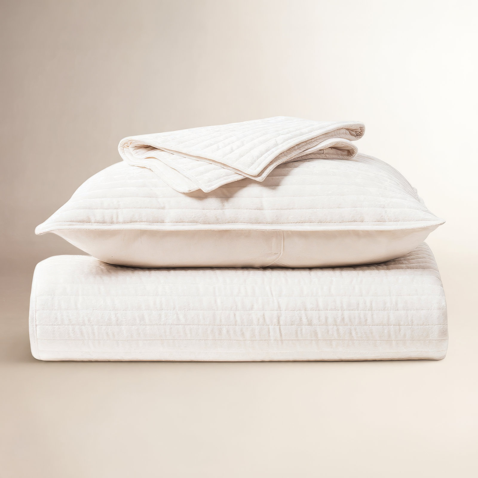 Luxe Velvet Channel Quilt Set, Ivory White, California King