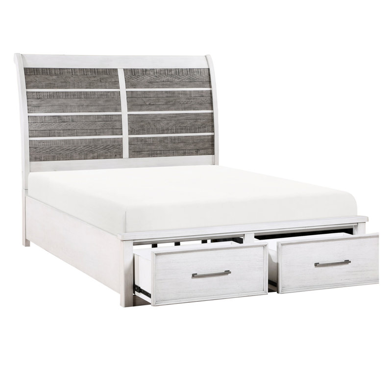 Grand lit avec rangement en plateforme 2 tons gris antique et blanc de style rustique classique