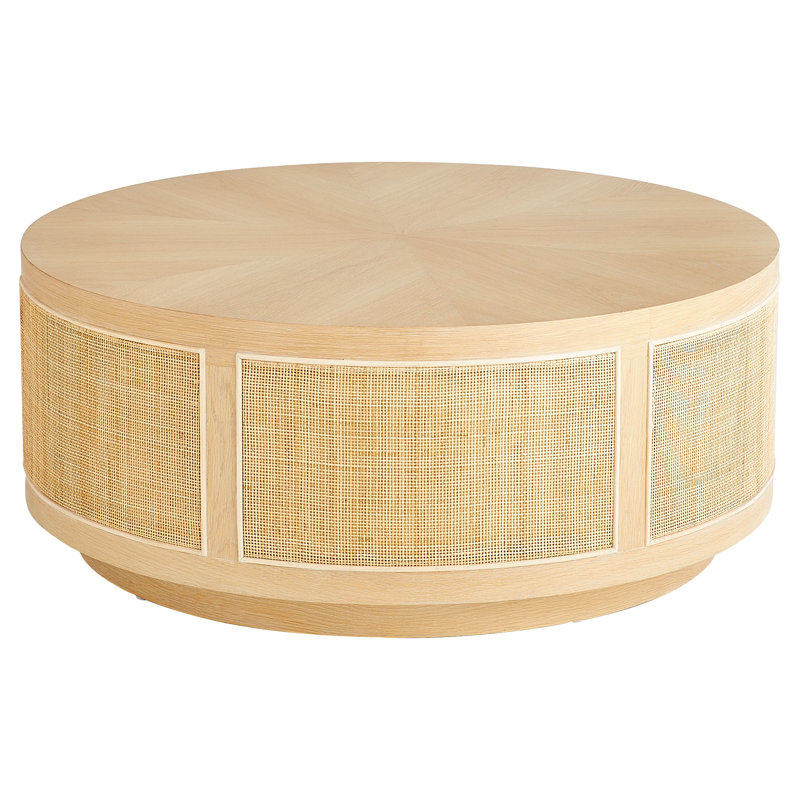 Round Oak and Rattan Outdoor Coffee Table