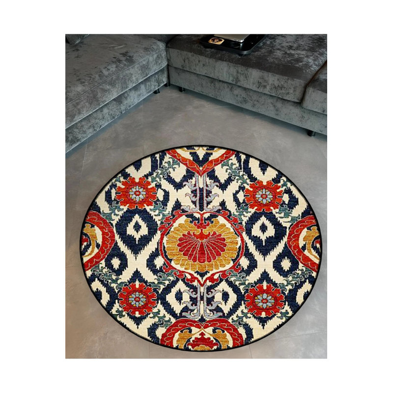 Multicolored Motif Traditional Patterned Round Woven Base Vintage Decorative Carpet, Round 3'4"