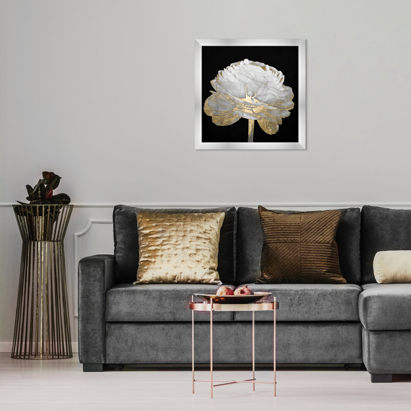 Or et lumière florale II - Peinture encadrée sur papier, H 18 po x l 18 po, Cadre argenté