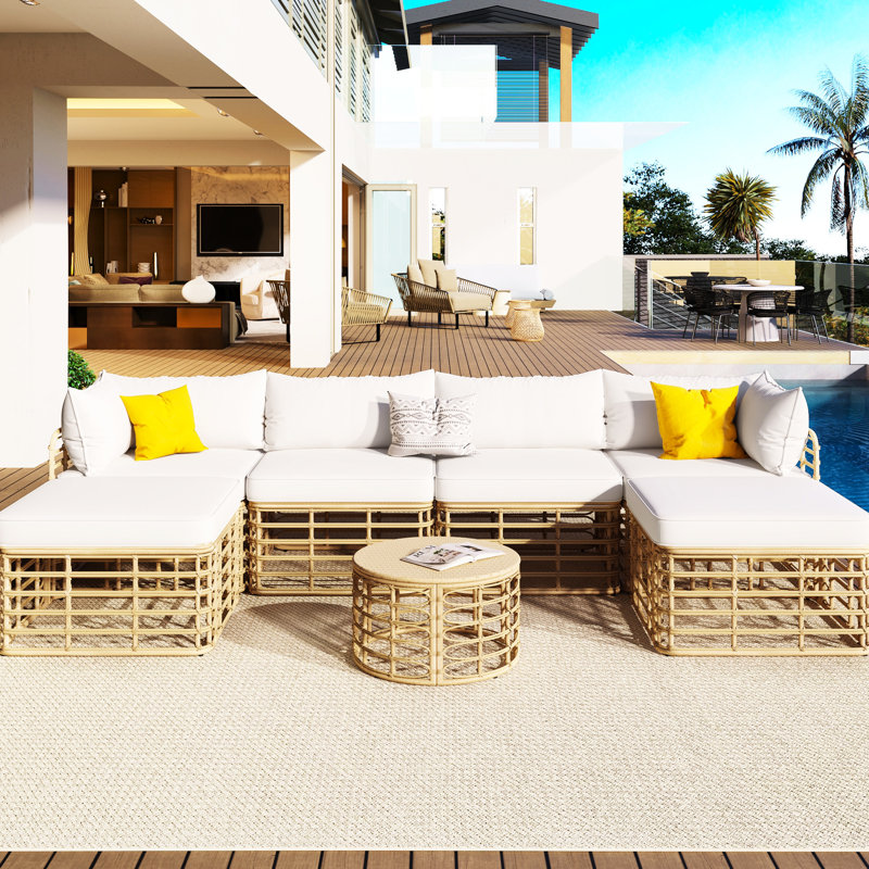 Ensemble de mobilier de jardin 7 pièces - Canapé d'angle beige résistant aux intempéries avec coussins et oreillers, idéal pour se détendre dans le jardin, la cour ou sur un balcon.