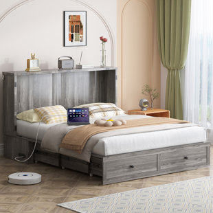 Queen/Full Murphy Bed Cabinet with USB, Storage Drawers & Tri-Fold Mattress