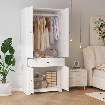 71" Armoire Wardrobe Closet with 1 Drawer & 4 Doors, Modern Bedroom Storage Cabinet with Adjustable Shelves and Aluminum Hanging Rod, Freestanding Clothes Organizer