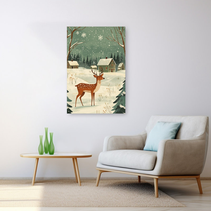 Winter Forest Deer Peaceful Rustic Serene Evergreen Tree Deer Forest Landscape Wall Art Print by Pictufy Studio IV - Wrapped Canvas Print