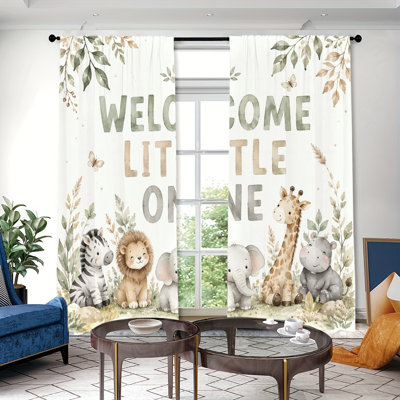 2Pcs Watercolor Safari Animals Pattern Light Filtering Curtains, Nature Inspired Printed Window Drapes, Rod‑pocket Style, Suitable for Living Room, Bedroom, Guest Room, Farmhouse Home, Aesthetic Home Decoration