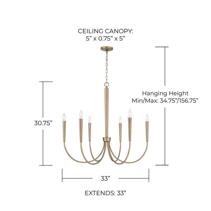 6 - Light Dimmable Classic / Traditional Chandelier, Aged Brass