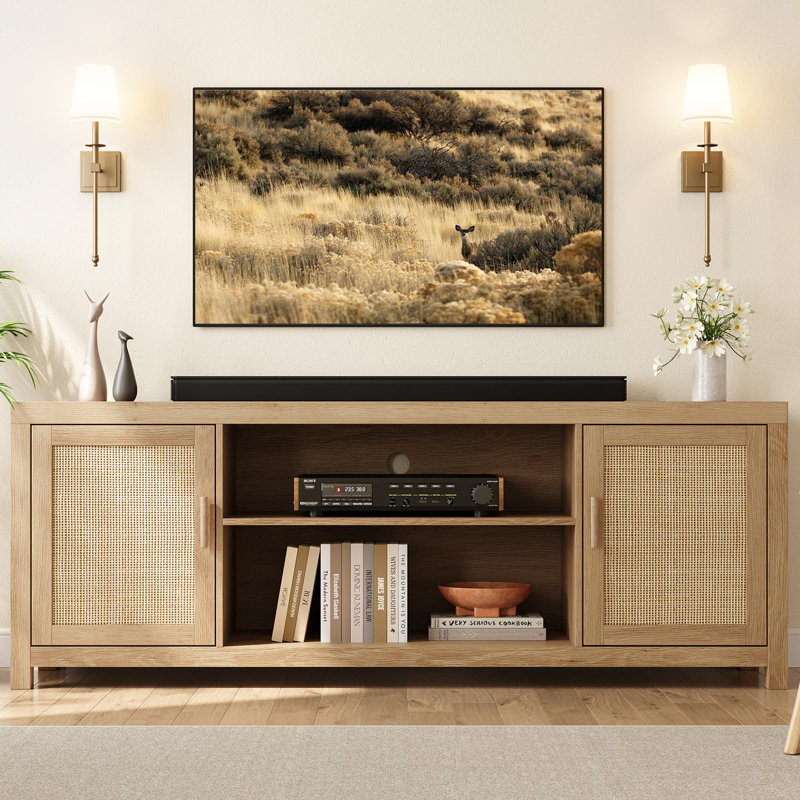 Rattan TV Stand for 75inch, Natural Oak Entertainment Center with 2-Tier Storage, Boho Wooden TV, 25"H x 66"L x 15.7"W
