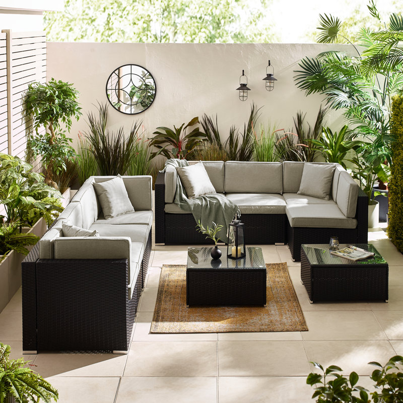 Miacomet Modular PE Rattan Garden Sofa Set and Table for Modern Gardens and Patios (Cover Included), Grey Cushion/Black Frame