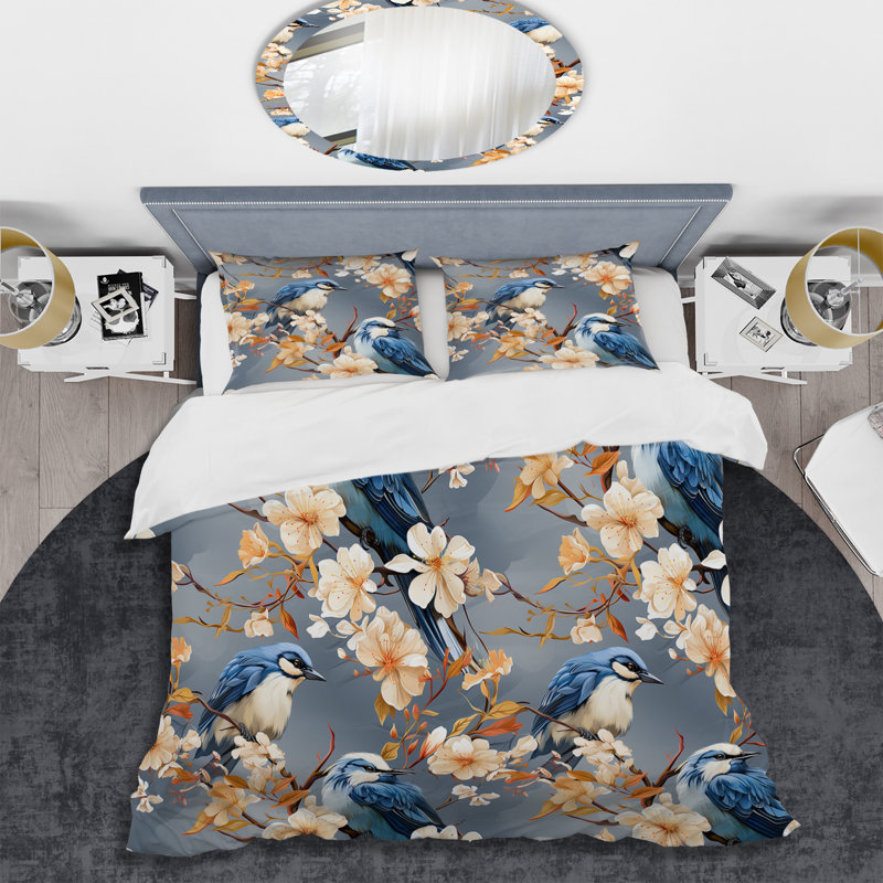 White And Blue Bird Floral Serenade I Floral Duvet Cover, Twin Duvet Cover + 1 Standard Sham