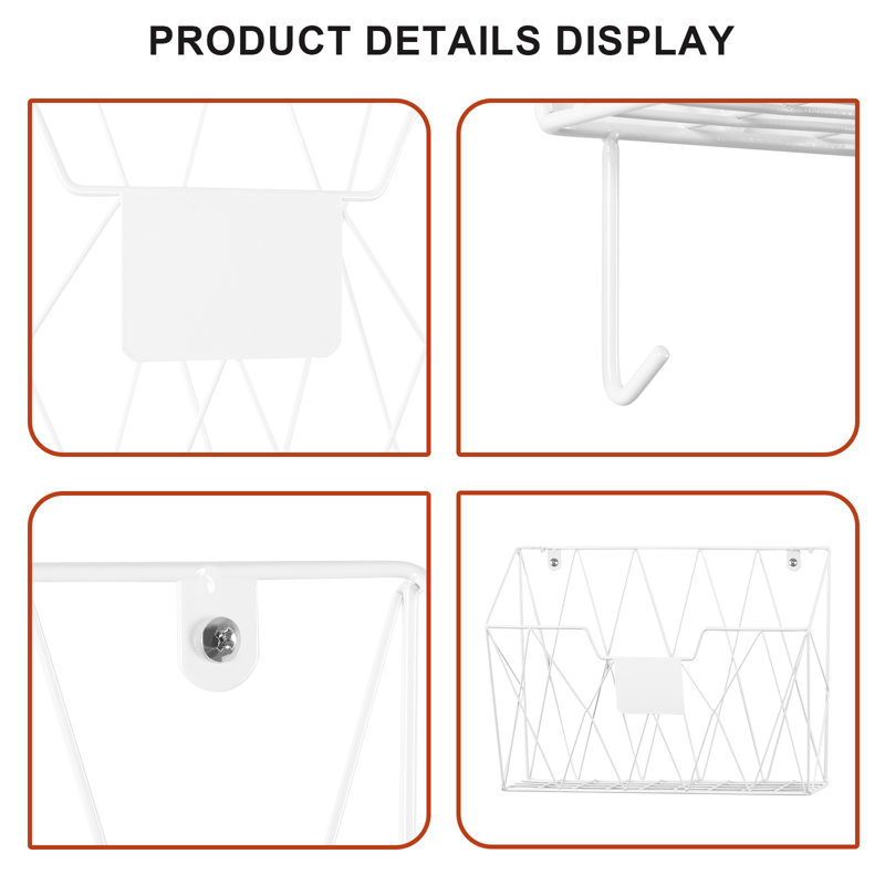 Wall Mounted File Rack For Office With Hooks, Set Of 6, White