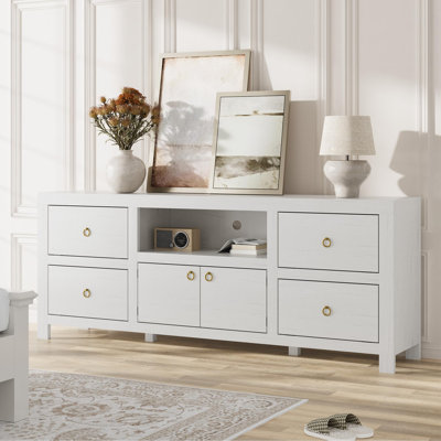 Meuble télé Farmhouse - Meuble télé 70 po pour téléviseur 75/80 po, 6 tiroirs, tablette pour barre de son, console en bois blanc rustique - blanc