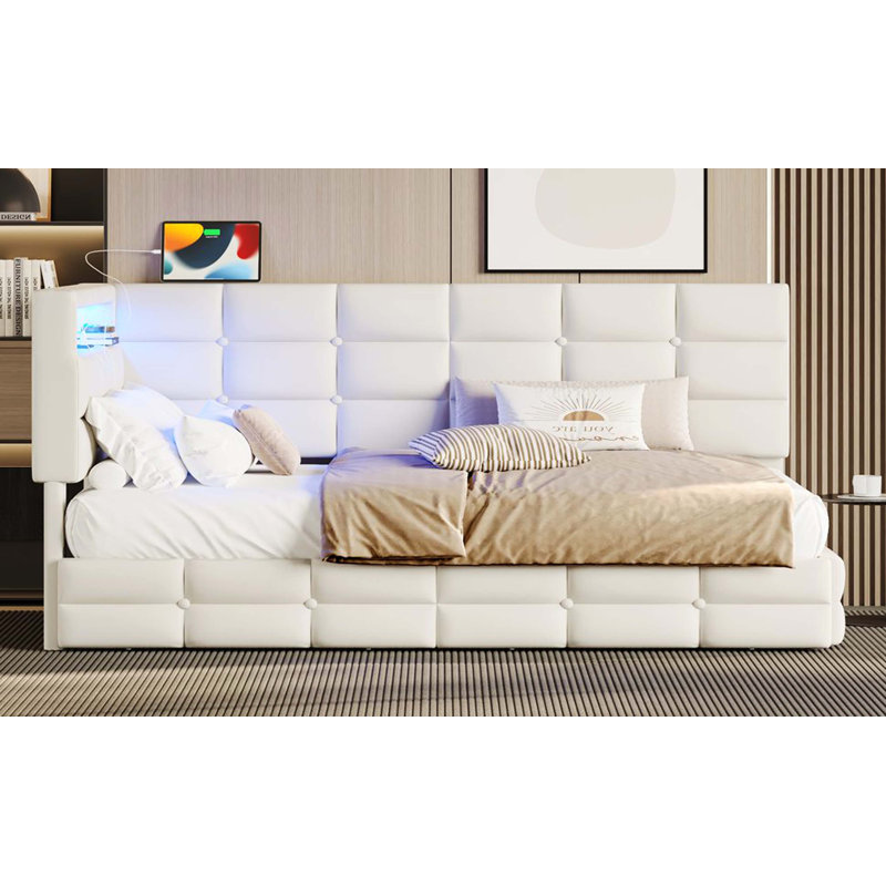 Lit de jour beige tapissier simple avec 2 tiroirs de rangement et station de charge, lumières DEL et tête de lit, aucun sommier nécessaire