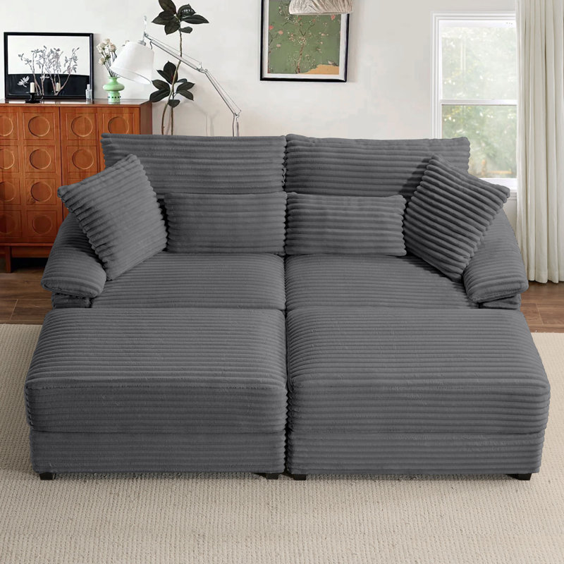 74" Modular Sleeper Sectional Sofa, Corduroy Upholstered Cloud Couch Sectional Sofa with Wood Table Top, Dark Gray, Dark Gray