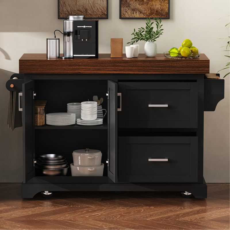 Grand îlot de cuisine K&K de 53 po avec bureau de 3,5 po d'épaisseur, supports à épices et à serviettes, îlot de cuisine roulant avec rangement sur 5 roulettes, 2 très grands tiroirs, pour la maison, la cuisine, la salle à manger, noir