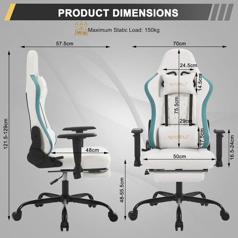 Metro Lane Reclining and Adjustable Height PC & Racing Game Chair, White/Blue