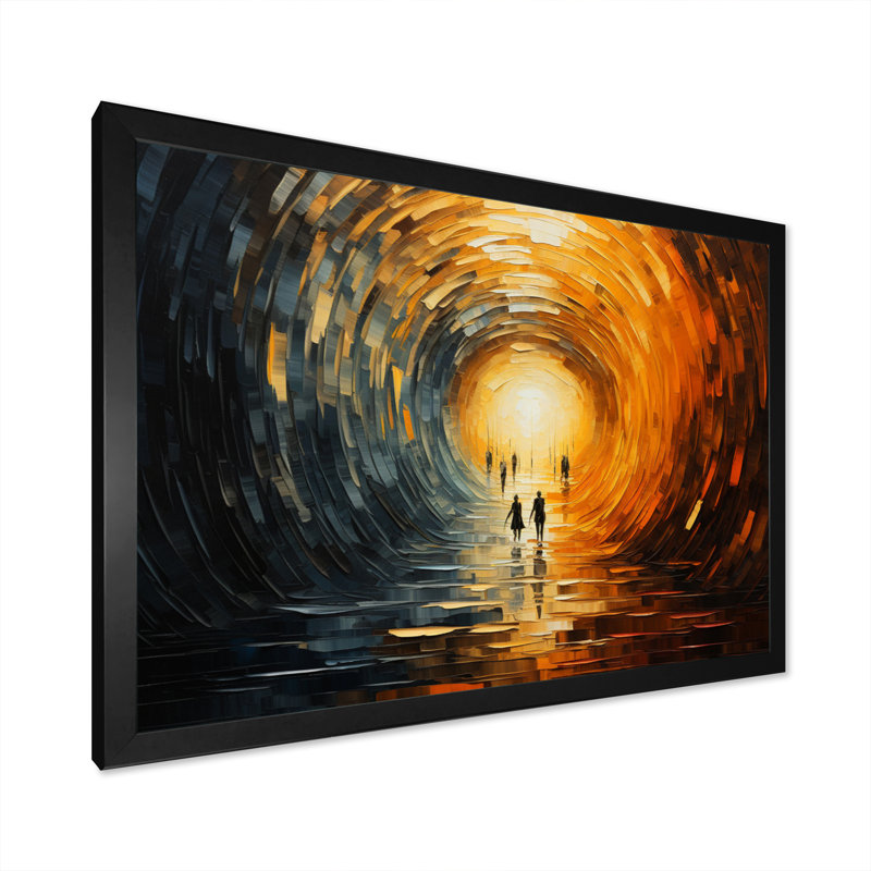 Tunnel abstrait en bois orange sur toile, Cadre simple noir, H 30 po x l 40 po x P 1,5 po