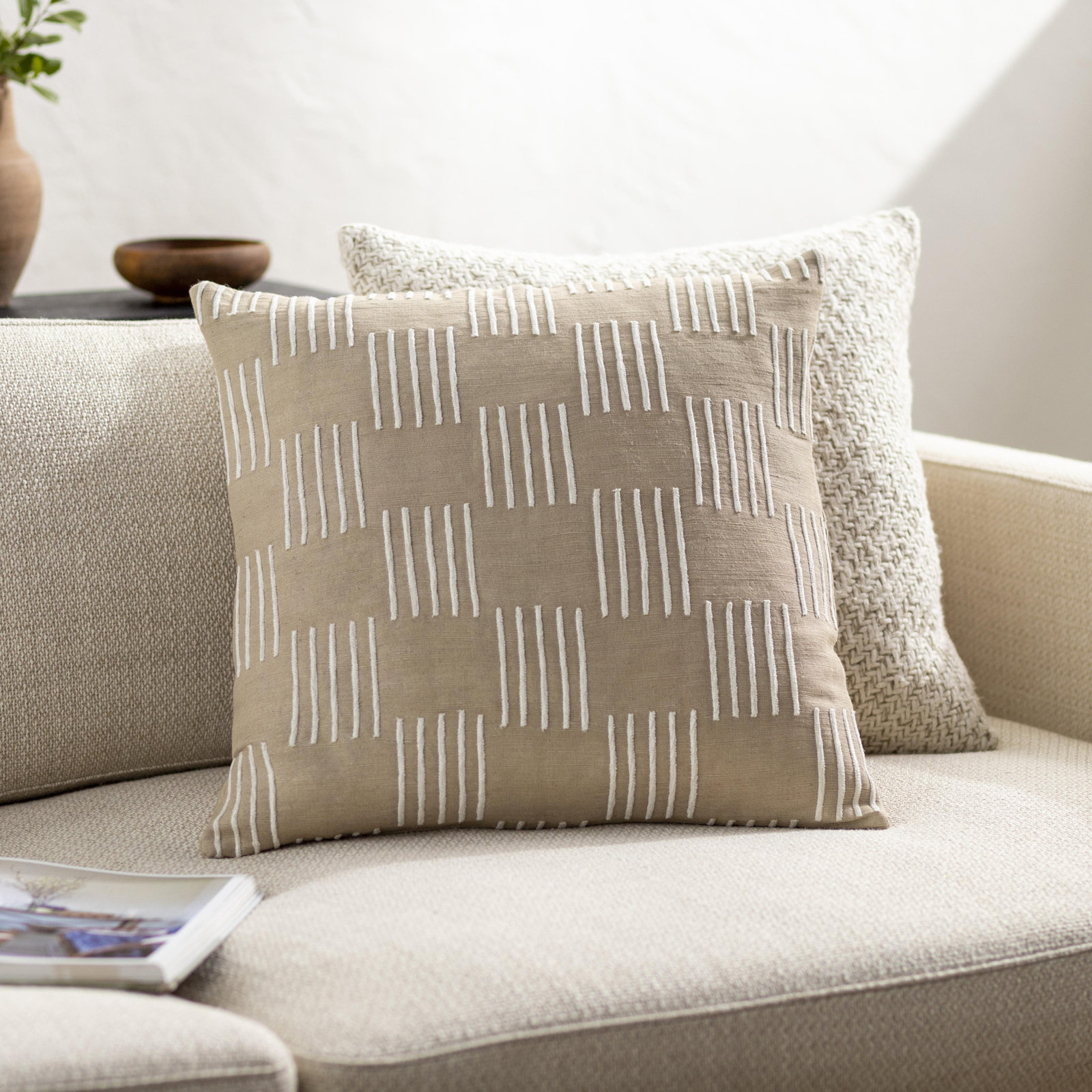 Layten Geometric Cotton Throw Pillow, 18" x 18", Desert Tan, Polyester/Polyfill