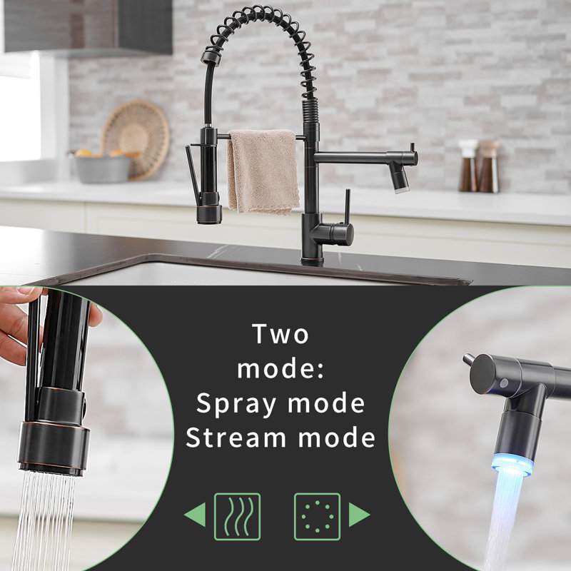 Kitchen Sink Faucet With Led And Pull Down , Oil-Rubbed Bronze, Single Handle Control Contemporary Lever Precision