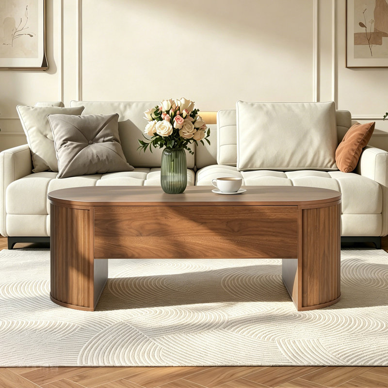 Table basse ovale à plateau relevable de 47,2 po avec rangement caché pour le salon, Brun