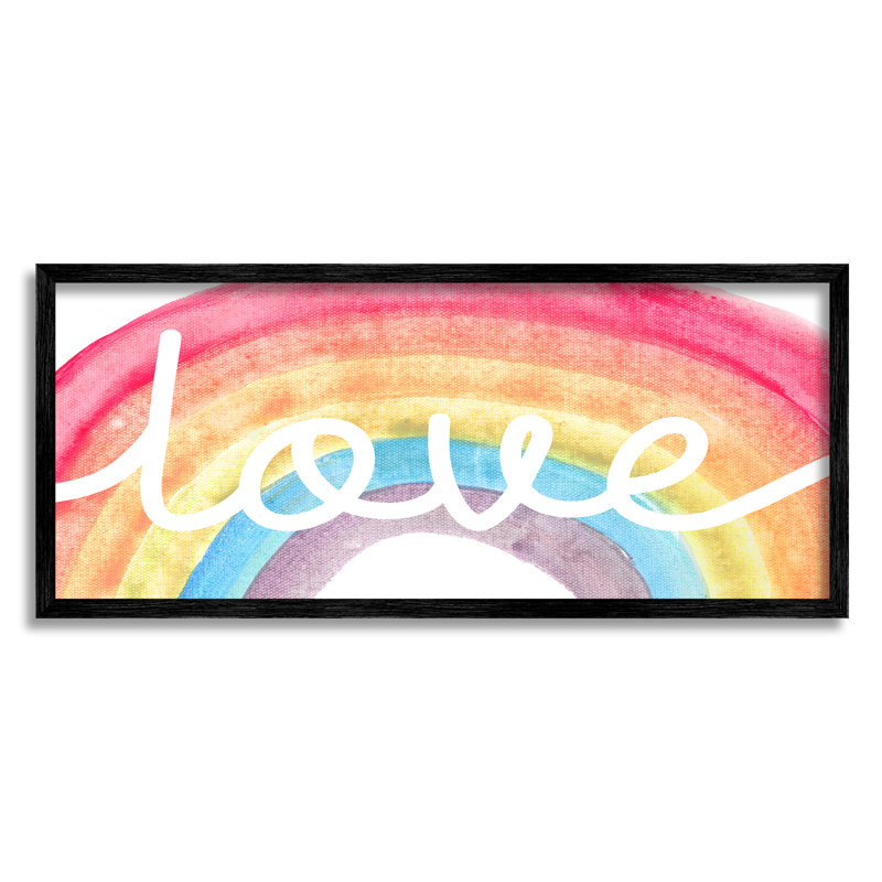 Amour, écriture typographique sur arc-en-ciel à l'aquarelle douce, Giclée encadrée noir minuit, H 13 po x l 30 po