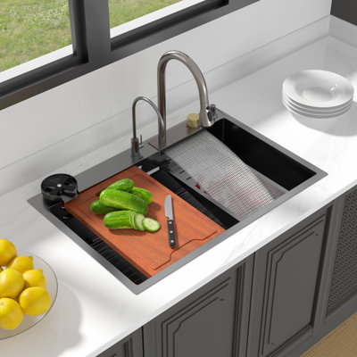 33" L x 22" W Drop In Workstation Kitchen Sink Topmount Waterfall Large Sink 16 Gauge Stainless Steel Single Bowl Sink