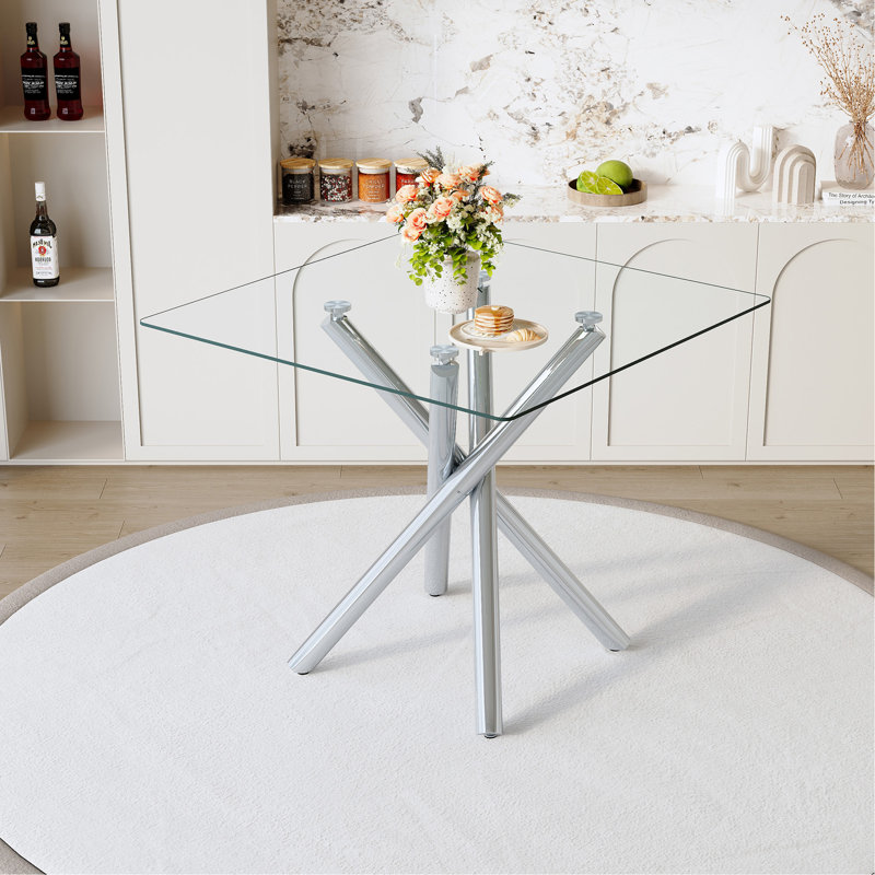Table de bar carrée moderne de 37,80 po pour 4 personnes, plateau en verre trempé avec structure en métal galvanisé, table de cuisine carrée pour petits espaces de bureau à domicile