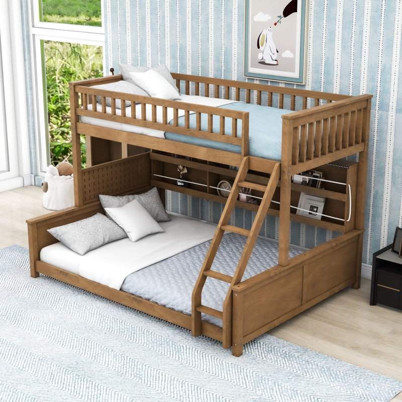 Lit superposé convertible en bois avec tablettes de rangement, Simple TG sur grand, Brun