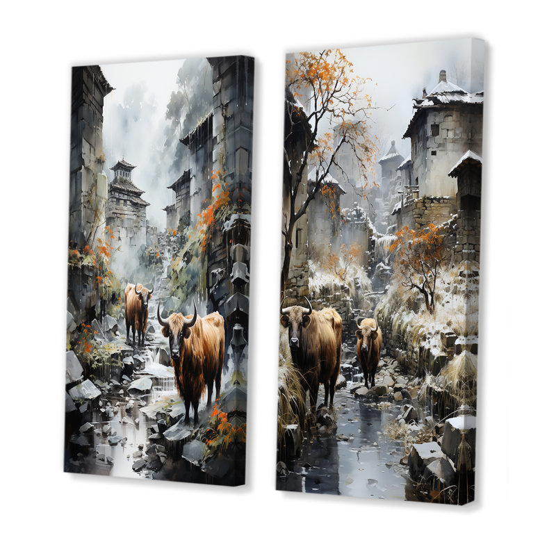 Yaks Urban visiteur - ensemble de 2 décorations murales Yaks, H 40 po x l 41 po, Toile tendue