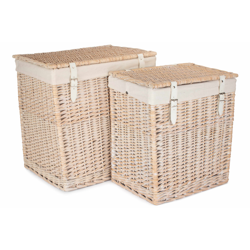 2 Piece Wicker Storage Laundry Hamper Basket Set, White Wash