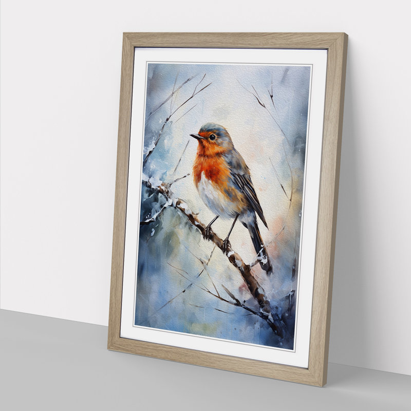 Robin Bird Impressionism No.2 - Single Picture Frame Print on Wood, 34cm H x 25cm W x 2cm D, Oak