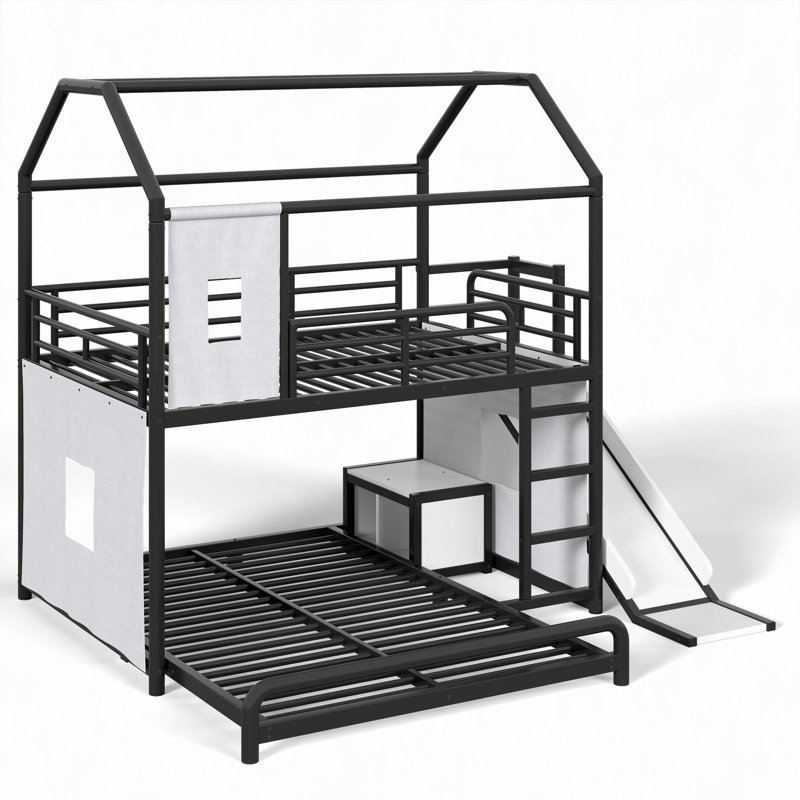 Lits superposés en métal, barres transversales de 19 lits, cadre de lit robuste avec barrière de sécurité et échelle, lit superposé à plancher bas pour garçons filles adultes, capacité de charge de 400 + 480 lb, aucun sommier nécessaire (noir)