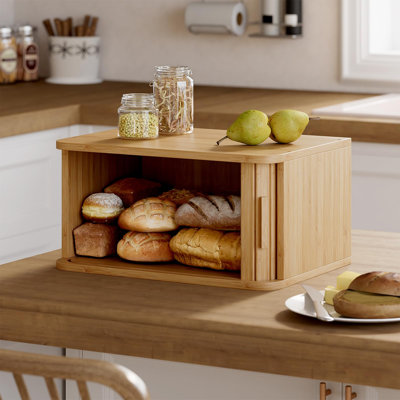 Boîte à pain à couvercle roulant pour comptoir, rangement à pain en bambou, boîtes à pain hermétiques, grande boîte à pain avec porte coulissante pour pains, bagels, meuble de rangement pour comptoir, (Naturel)