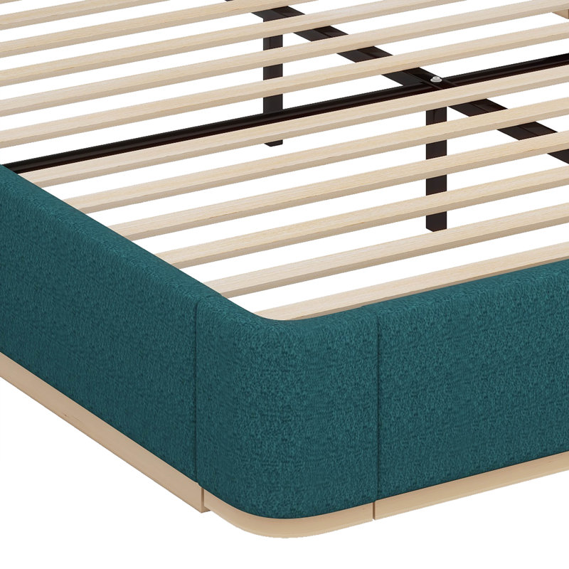 Grand lit plateforme tapissier avec tablettes latérales intégrées et coins arrondis doux et anti-collision, Vert