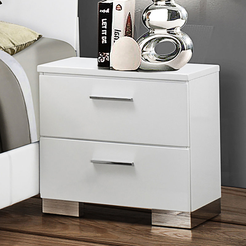 2 table de chevet en blanc brillant - rangement spacieux pour chambre à coucher avec tiroirs doublés de feutre