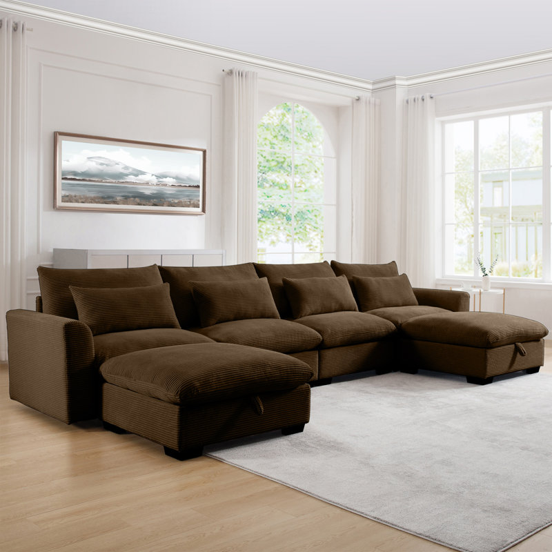 Big Deep Seat U-shaped Corduroy Sectional Couches For Living Room, 4 Seater Sofa Couch With 2 Storage Footstool And 4 Waist Pillows