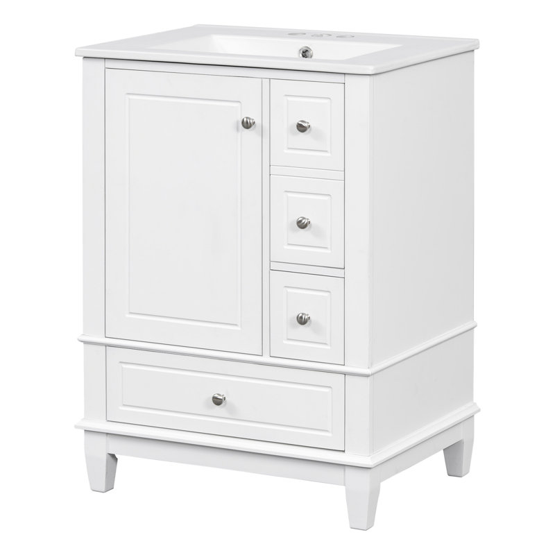Meuble-lavabo 24 po avec lavabo et tiroirs, meuble-lavabo autoportant blanc avec plateau en céramique et tablettes de rangement, panneau de fibres à densité moyenne et base en bois massif, meuble-lavabo moderne pour petites salles de bain
