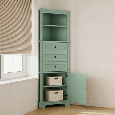Triangle Tall Corner Cabinet With 3 Drawers And Adjustable Shelves, MDF Storage Cabinet For Bathroom, Kitchen, Or Living Room