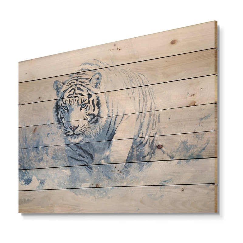 Tigre du Bengale blanc en hiver II - Art mural moderne sur bois de pin naturel, H 10 po x l 20 po