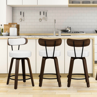 Swivel Counter Height Bar Stools Set of 3, Faux Leather Kitchen Stools Upholstered Barstools with Back, Walnut Wood Legs, Mid Century Island Chairs Co by Corrigan Studio