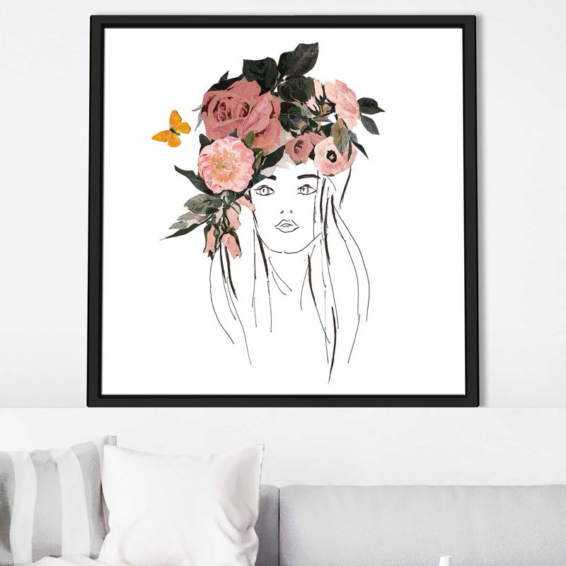 Tête avec fleurs roses (carré) par Patricia Pinto, reproduction, Cadre flottant noir, H 21,5 po x l 21,5 po x P 2 po